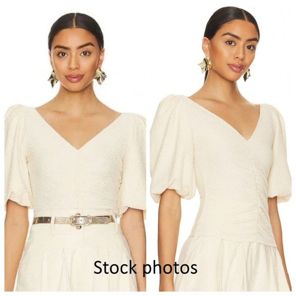 Free People Cupcake Ruched Puff Sleeve V Neck Top Size XL Ivory Blouse